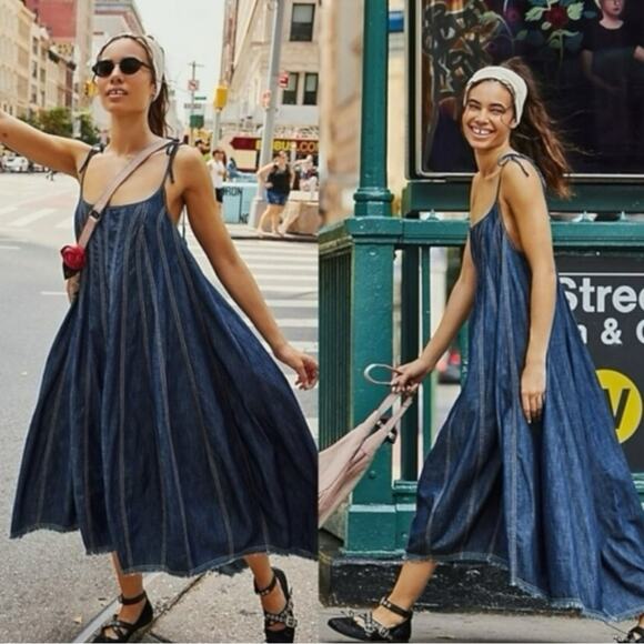 Free People Denim Dreams Midi Dress in 70s Blue Size XS Jean Jumper Retro - Picture 13 of 15